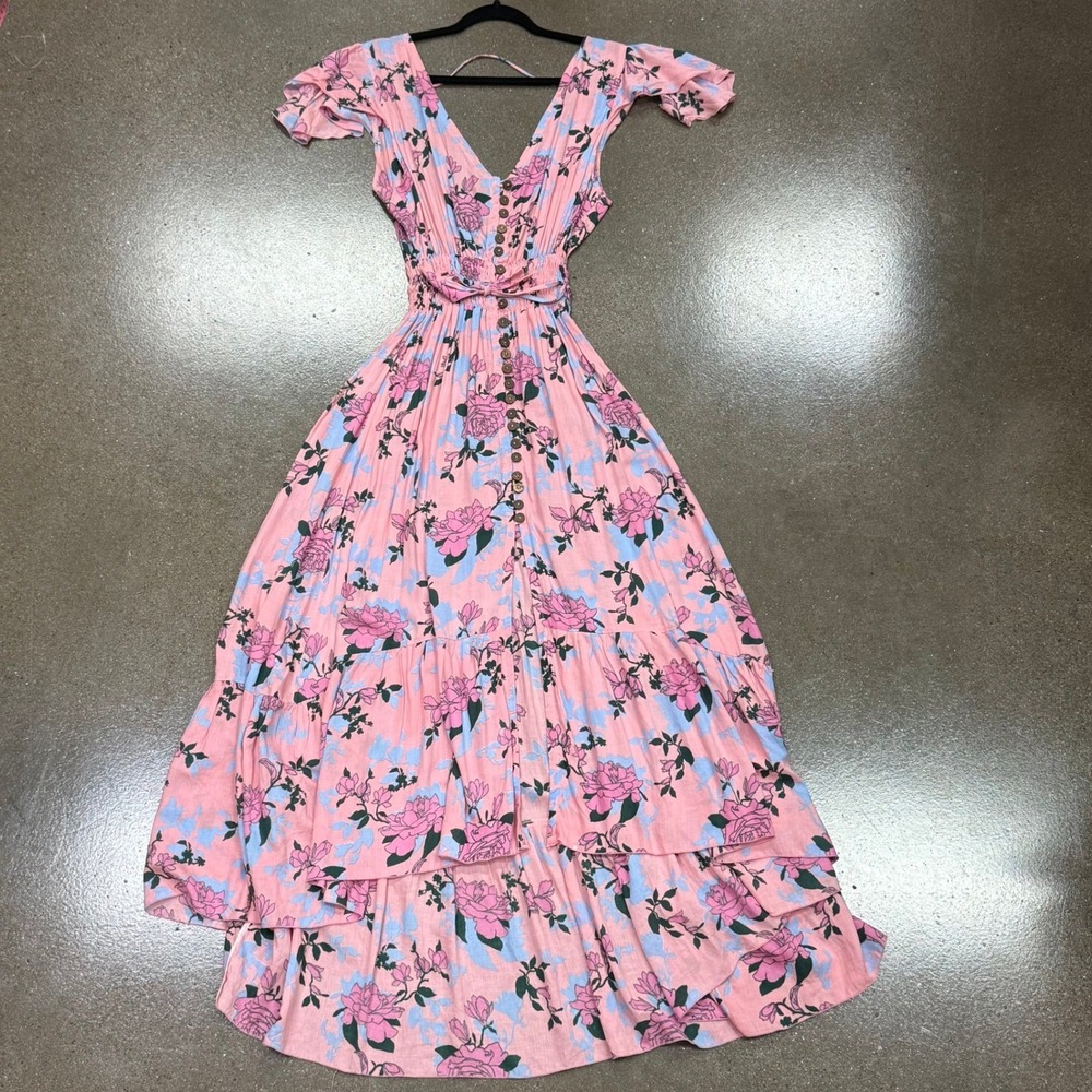 Tiare Hawaii New Moon Maxi Dress Secret Garden Pink Floral Smocked S/M NEW
